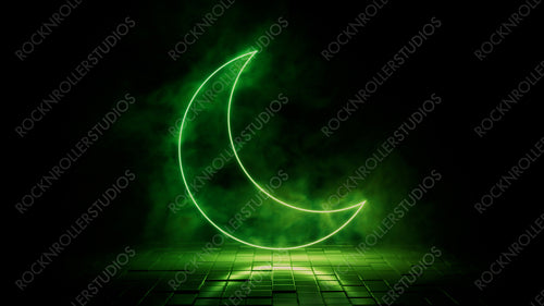Green neon light moon icon. Vibrant colored technology symbol, isolated on a black background. 3D Render
