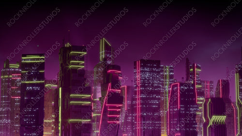 Futuristic Metropolis with Pink and Yellow Neon lights. Night scene with Visionary Superstructures.