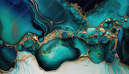 Paint Swirls in Beautiful Teal and Blue colors, with Gold Glitter. Elegant Art Wallpaper. Generative AI.