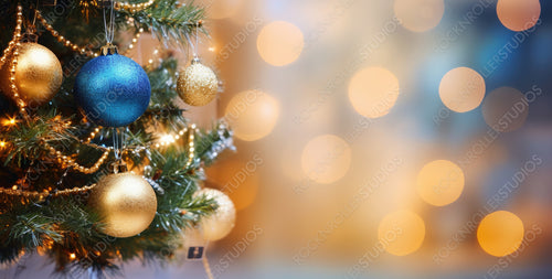 Christmas tree decorated with Golden and blue balls on a blurred, sparkling and fabulous fairy background with beautiful bokeh, copy space.