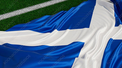 Flag of Scotland on a Sports field. Grass Pitch with a Scottish Flag. Euro 2020 Football Background.