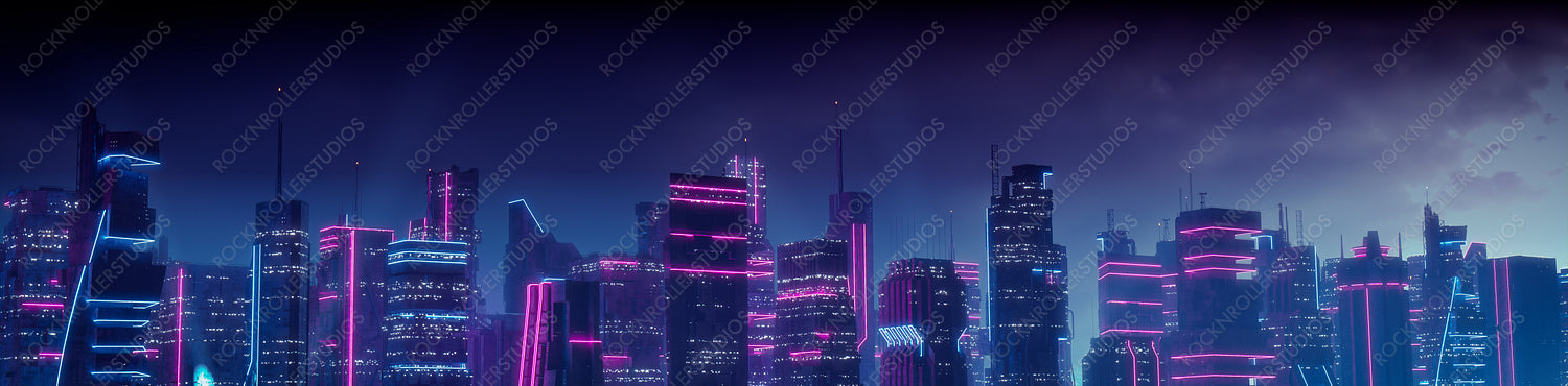 Sci-fi Metropolis with Blue and Pink Neon lights. Night scene with Advanced Skyscrapers.