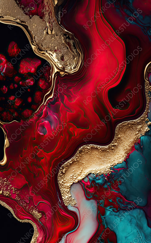 Modern Marbling Background. Paint Swirls in Beautiful Crimson colors, with Gold Powder. Generative AI.