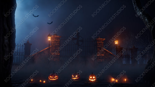 Creepy Halloween Graveyard Gate Illustration with Jack O' Lanterns and Candles.
