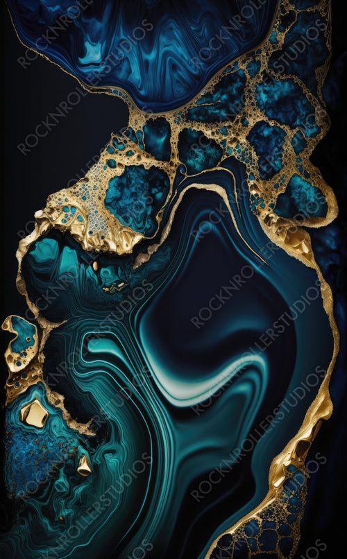 Elegant Design Wallpaper. Liquid Swirls in Beautiful Navy Blue colors, with Gold Glitter. Generative AI.