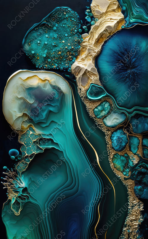 Beautiful Teal and Blue Paint Swirls with Gold Powder. Modern Design Background. Generative AI.