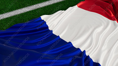 Flag of France on a Sports field. Grass Pitch with a French Flag. Euro 2020 Football Background.