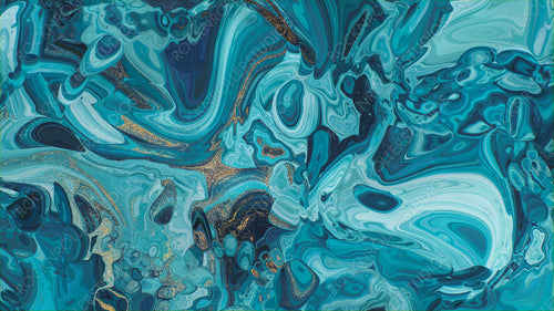 Paint Swirls in Beautiful Teal and Blue colors, with Gold Powder. Modern Art Background.