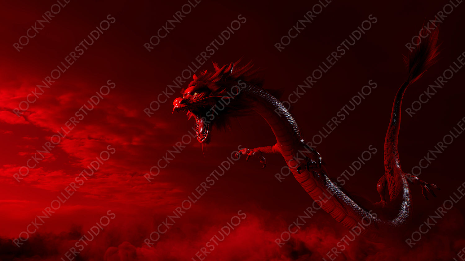 Flying Chinese Dragon against a Red Cloudy Sky. New Year Concept with copy-space.