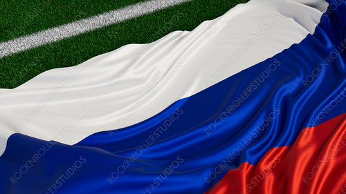 Flag of Russia on a Sports field. Grass Pitch with a Russian Flag. Euro 2020 Soccer Wallpaper.