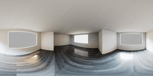 HDRI Environment Map. Empty White Room with Grey Wood Floor. Window illuminates the space with bright natural Light.