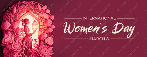 Lovely Paper Craft Banner to Celebrate International Woman's Day. Pink Floral Design with Woman, Lanterns and caption. Generative AI.