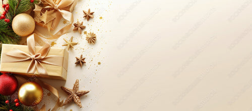 Christmas decoration composition on light gold background with beautiful Golden gift box with gold ribbon, fir branches, stars, top view, copy space, banner format.
