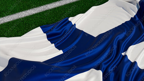 Flag of Finland on a Sports field. Grass Pitch with a Finnish Flag. Euro 2020 Soccer Wallpaper.