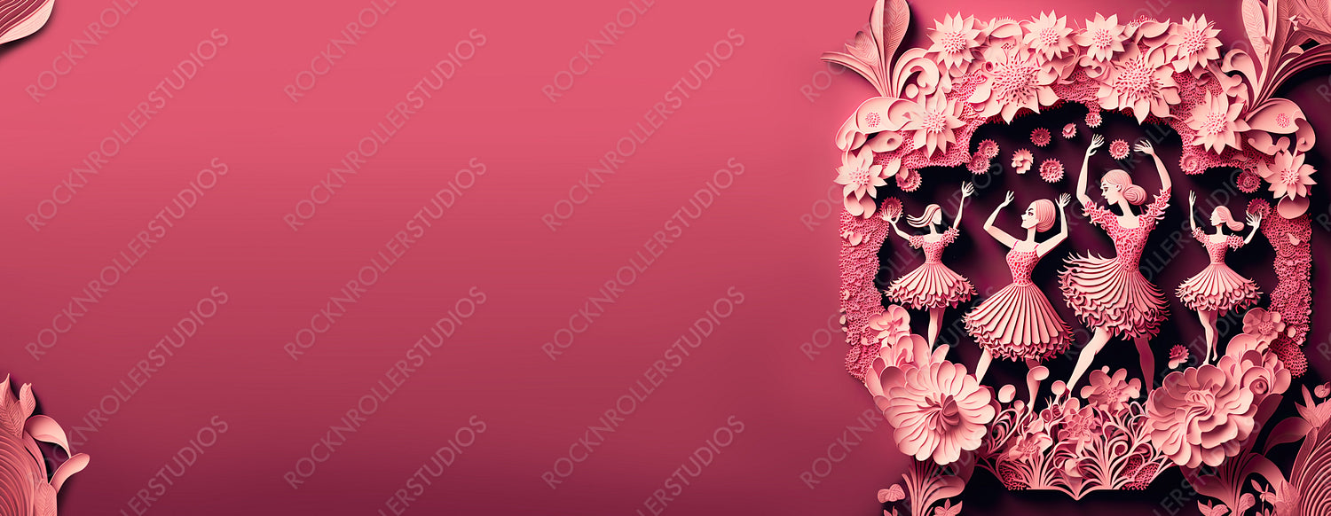 Dancing Women in a Pink Floral Design. Elegant Paper Craft Banner with Flowers and copy-space, to Celebrate International Woman's Day. Generative AI
