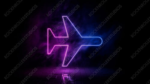 Pink and blue neon light airplane icon. Vibrant colored flight technology symbol, isolated on a black background. 3D Render