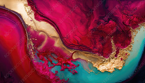 Beautiful Crimson Liquid Swirls with Gold Glitter. Elegant Art Background. Generative AI.