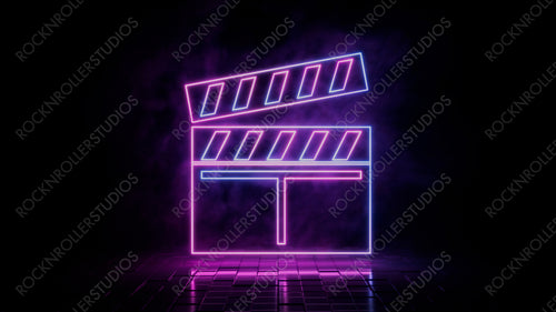 Pink and blue neon light movie icon. Vibrant colored entertainment technology symbol, isolated on a black background. 3D Render