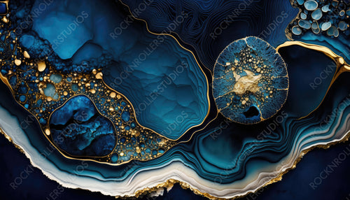 Flowing Contemporary Acrylic Pour Background in Beautiful Navy Blue colors. Liquid texture with Gold Powder. Generative AI.