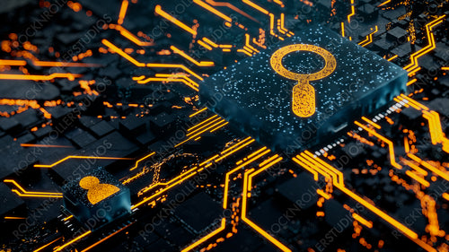 Search Technology Concept with Magnifier symbol on a Microchip. Orange Neon Data flows between the CPU and the User across a Futuristic Motherboard. 3D render.