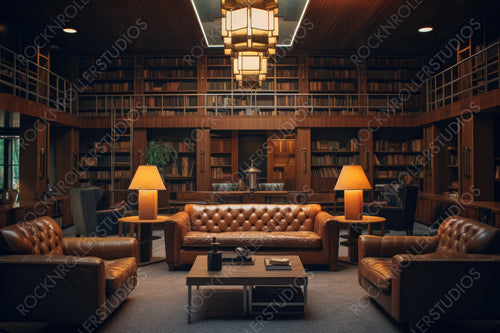 Mid Century Library Background. Contemporary Interior Design. Generative AI.