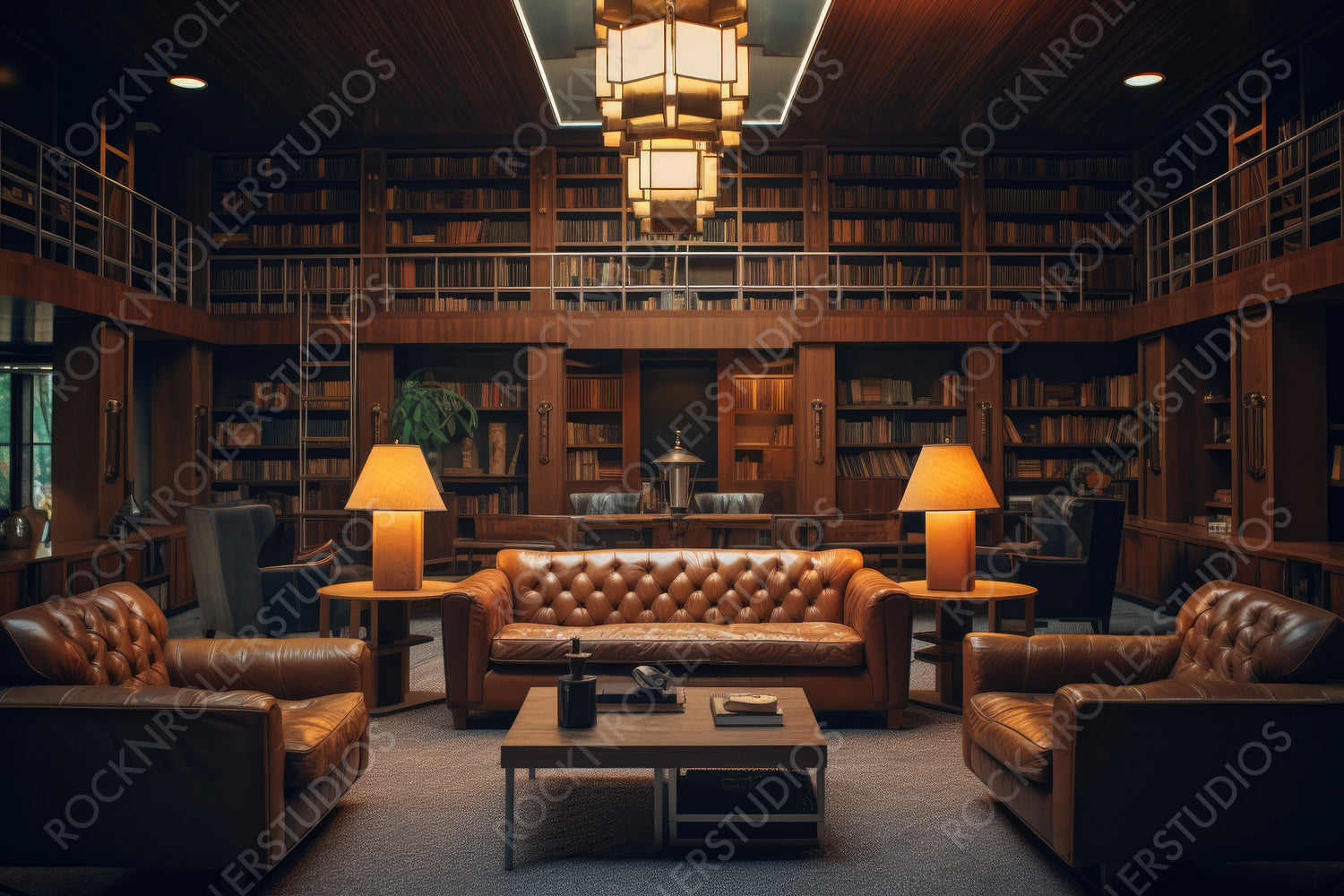 Mid Century Library Background. Contemporary Interior Design. Generative AI.