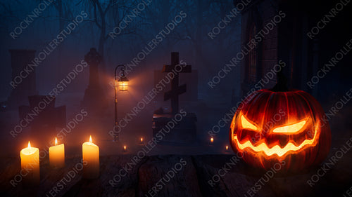 Jack O' Lantern in Creepy Forest Churchyard. Halloween background.