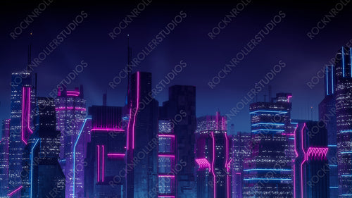 Cyberpunk Cityscape with Blue and Pink Neon lights. Night scene with Advanced Superstructures.