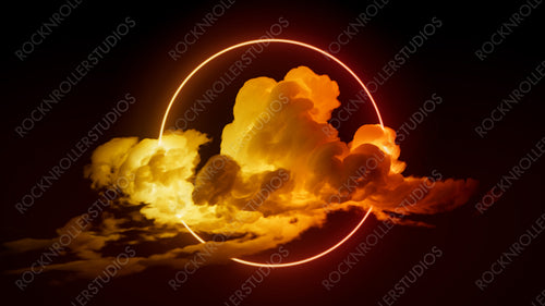 Cloud Formation Illuminated with Orange and Yellow Fluorescent Light. Dark Environment with Circle shaped Neon Frame.