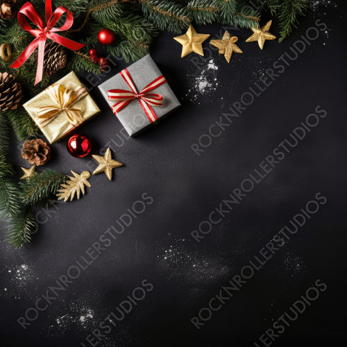 Christmas dark black background with beautiful texture and Golden gift box with red ribbon, fir branches, cones, stars, top view, copy space.