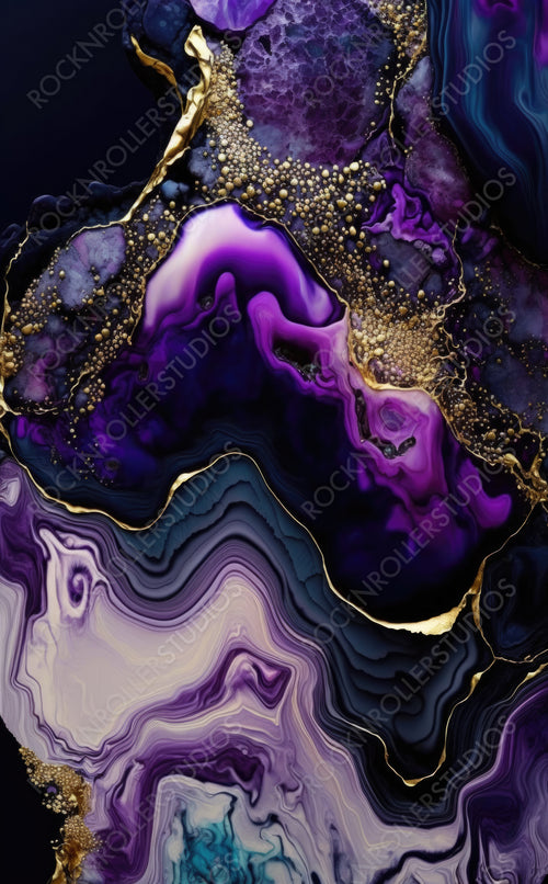 Modern Art Wallpaper. Liquid Swirls in Beautiful Purple and Black colors, with Gold Glitter. Generative AI.