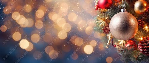 Christmas Tree with Baubles and Blurred Shiny Lights