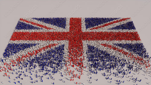 Aerial view of a Crowd of People, congregating to form the Flag of United Kingdom. British Banner on White Background.