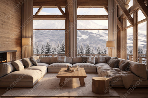 Contemporary Interior Design Background. Rustic Ski Chalet. Generative AI.