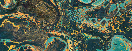 Beautiful Green and Orange Paint Swirls with Gold Glitter. Contemporary Acrylic Pour Banner.