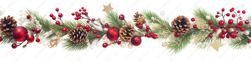 Festive Christmas border, isolated on white background. Fir green branches are decorated with gold stars, fir cones and red berries, banner format.
