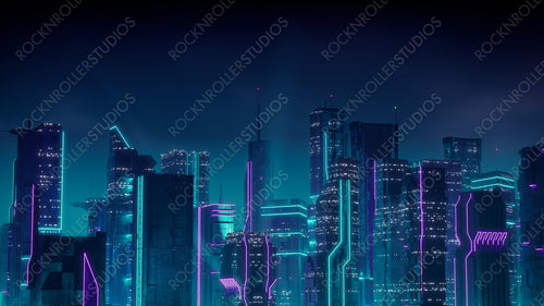 Futuristic Cityscape with Purple and Cyan Neon lights. Night scene with Visionary Architecture.