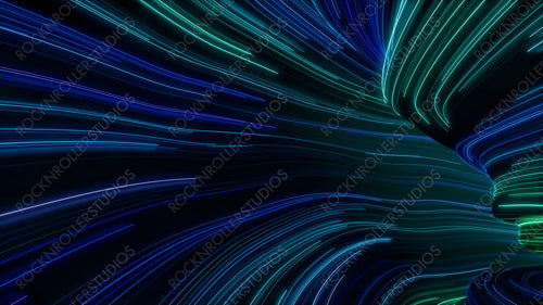 Wavy Neon Lights Tunnel with Blue, Purple and Green Curves. 3D Render.