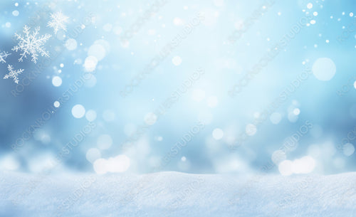Winter snow background with snowdrifts, beautiful light and snow flakes on blue sky, beautiful bokeh circles, copy space.