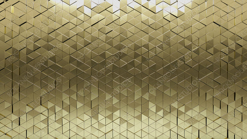 3D Tiles arranged to create a Triangular wall. Gold, Luxurious Background formed from Glossy blocks. 3D Render