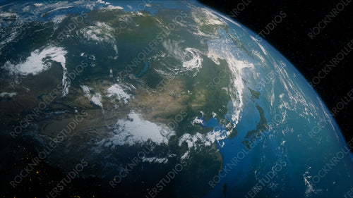 Earth in Space. Photorealistic 3D Render of the World, with views of Korea and Asia. Environment Concept.