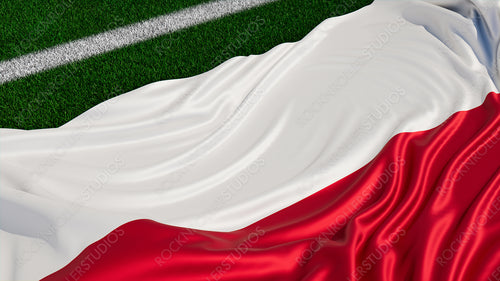Flag of Poland on a Sports field. Grass Pitch with a Polish Flag. Euro 2020 Football Background.