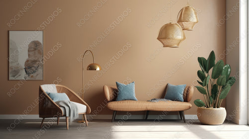 Boho Interior Design Background. Contemporary Living Room. Generative AI.