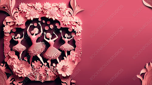 Dancing Ladies in a Pink Floral Design. Beautiful Paper Craft Wallpaper with Flowers and copy-space, to Celebrate International Woman's Day. Generative AI