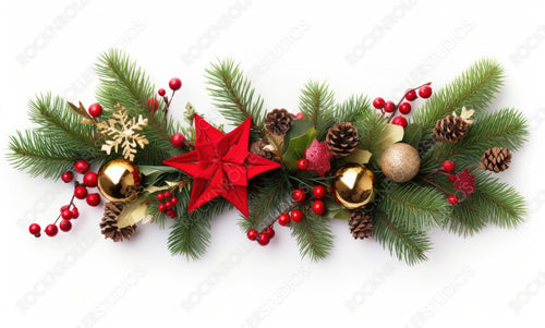 Festive Christmas border, isolated on white background. Fir green branches are decorated with stars, fir cones and baubels. Close-up, copy space.