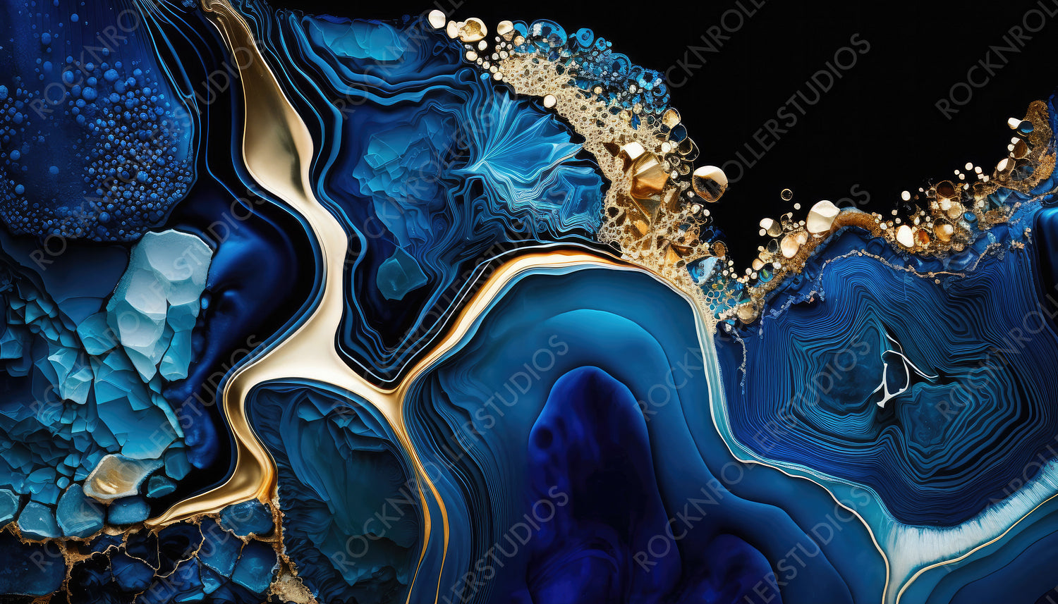 Liquid Swirls in Beautiful Navy Blue colors, with Gold Powder. Luxurious Design Wallpaper. Generative AI.