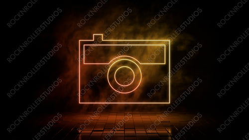Orange and yellow neon light camera icon. Vibrant colored technology symbol, isolated on a black background. 3D Render