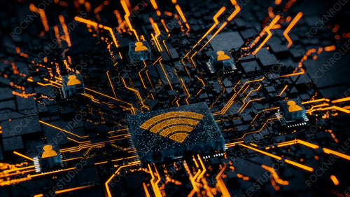 Wireless Technology Concept with wifi symbol on a Microchip. Orange Neon Data flows between Users and the CPU across a Futuristic Motherboard. 3D render.