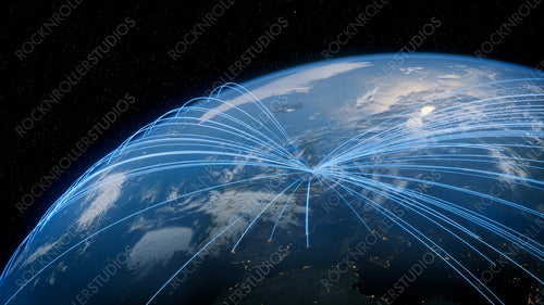Earth in Space. Blue Lines connect London, UK with Cities across the World. Worldwide Travel or Communication Concept.