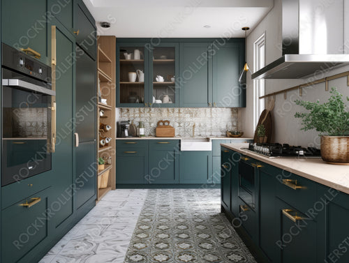 Art Deco Kitchen Background. Stylish Interior Design. Generative AI.